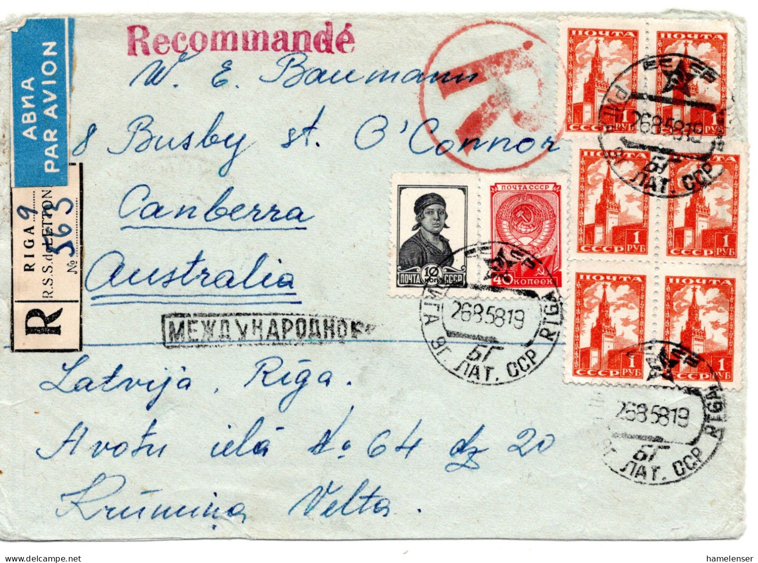 68575 - Russland / UdSSR - 1958 - 6@1Rbl Spasski-Turm MiF A R-LpBf RIGA -> CANBERRA (Australien) - Covers & Documents