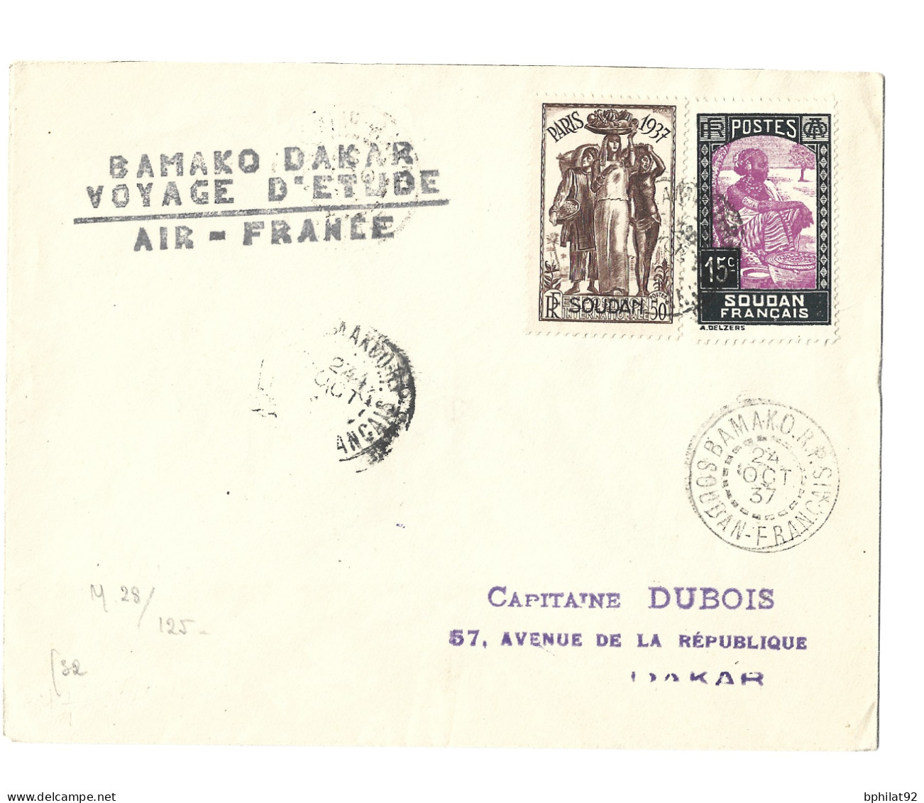 !!! BAMAKO-DAKAR, VOYAGE D'ÉTUDE AIR FRANCE OCTOBRE 1937, CACHET DU SOUDAN FRANÇAIS - Covers & Documents