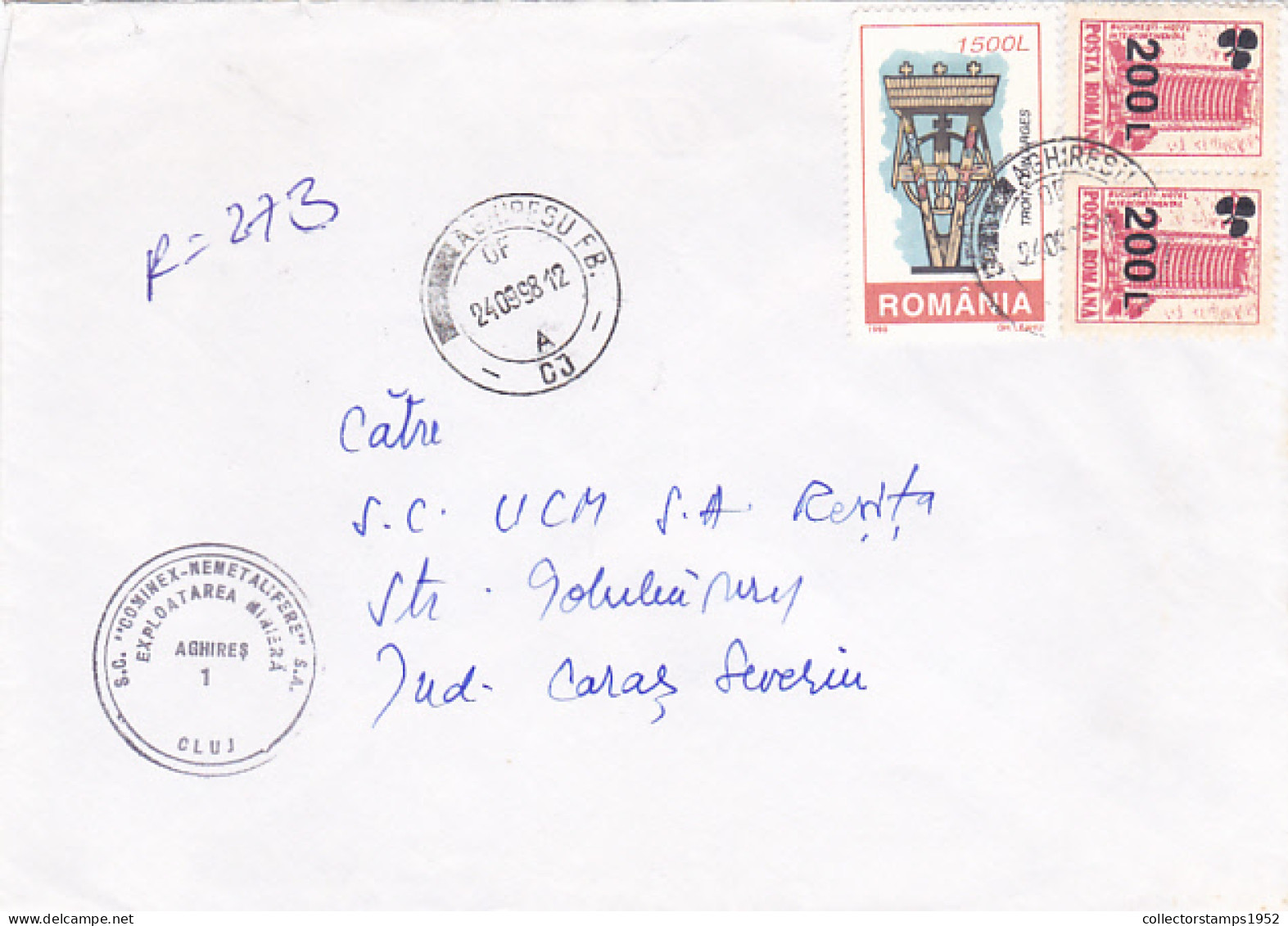 HOTEL OVERPRINT STAMP, TRINITY STAMPS ON REGISTERED COVER, 1998, ROMANIA - Cartas & Documentos