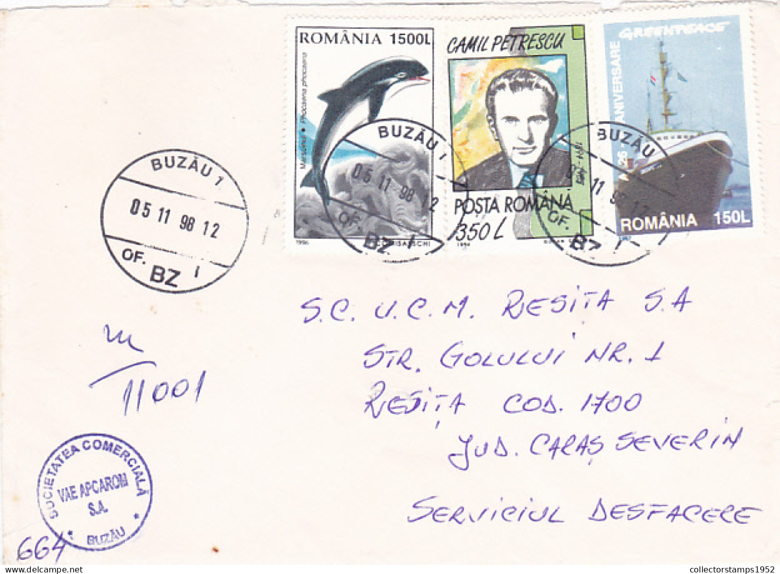 DOLPHIN, WRITER, SHIP, GREEN PEACE STAMPS ON REGISTERED COVER, 1998, ROMANIA - Brieven En Documenten