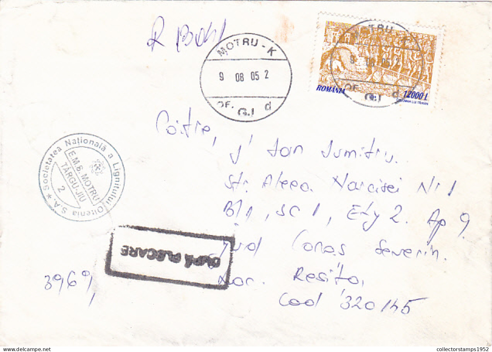 TRAJAN'S COLUMN DETAIL STAMP ON REGISTERED COVER, COAL MINING COMPANY INK STAMP, 2005, ROMANIA - Lettres & Documents