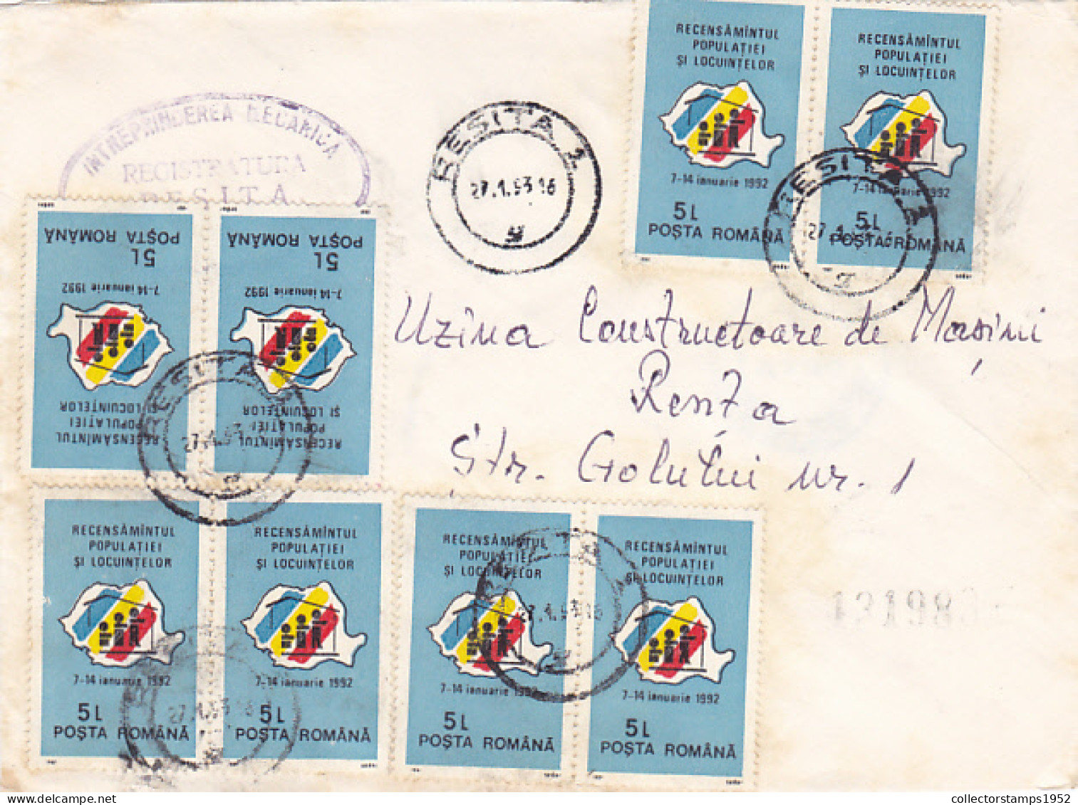 POPULATION CENSUS STAMPS ON COVER, 1993, ROMANIA - Cartas & Documentos