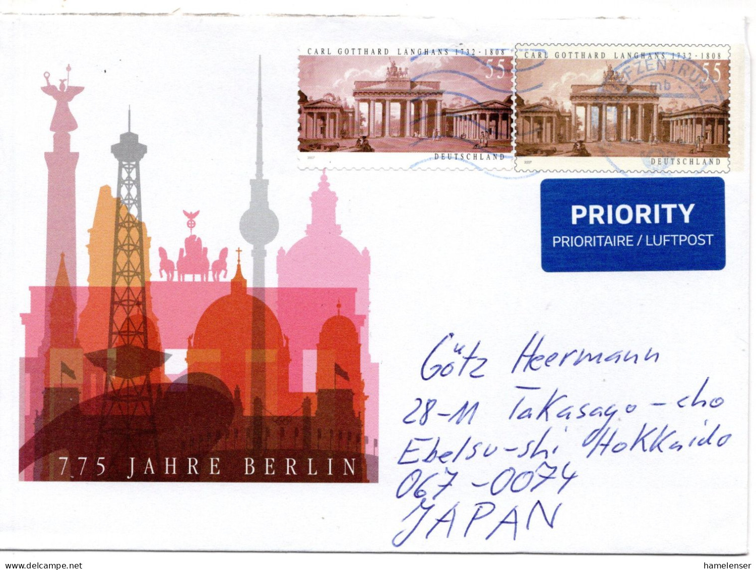 68576 - Bund - 2023 - 55c SoGABf "775 Jahre Berlin" M ZusFrankatur Per Lp BRIEFZENTRUM 79 -> Japan - Covers & Documents