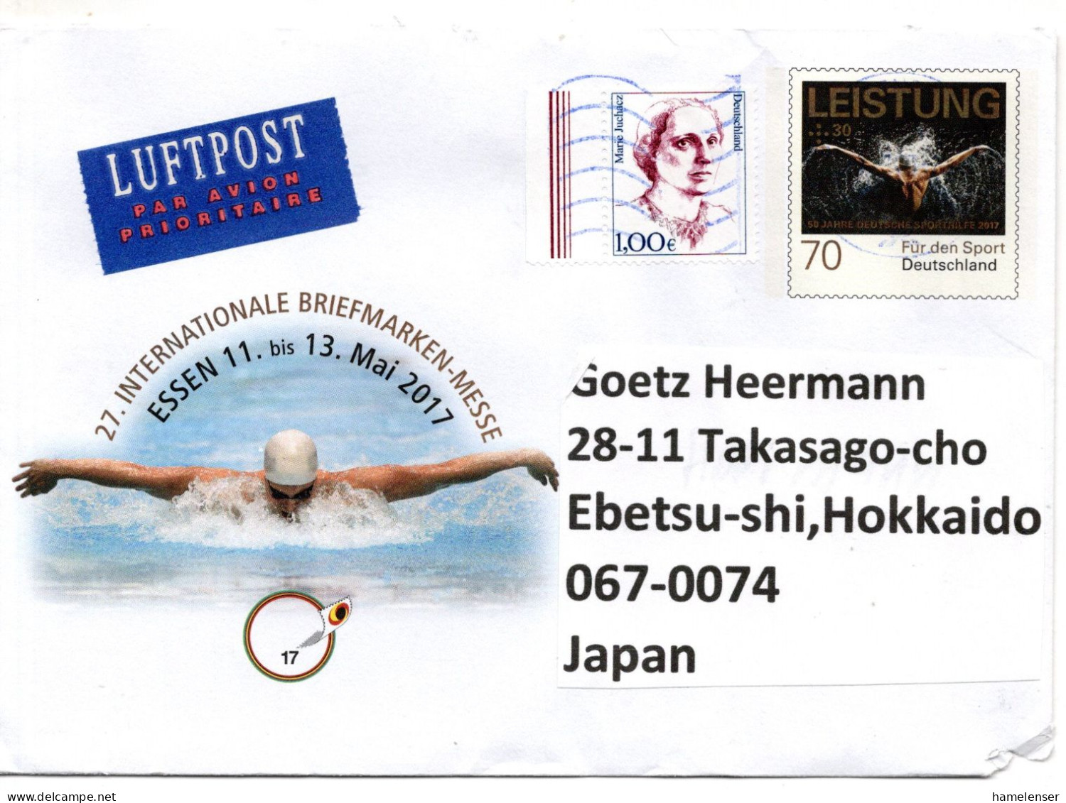 68577 - Bund - 2023 - 55c SoGABf "Messe Essen '17" M ZusFrankatur Per Lp BRIEFZENTRUM 70 -> Japan - Covers & Documents