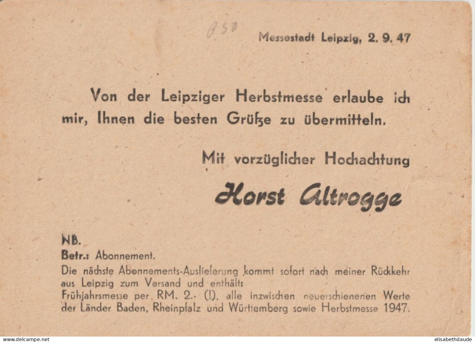 1947 - ZONE AAS - CARTE ENTIER Avec REPIQUAGE PRIVE HORST ALTROGGE GÖTTINGEN De MESSESTADT LEIPZIG - Ganzsachen