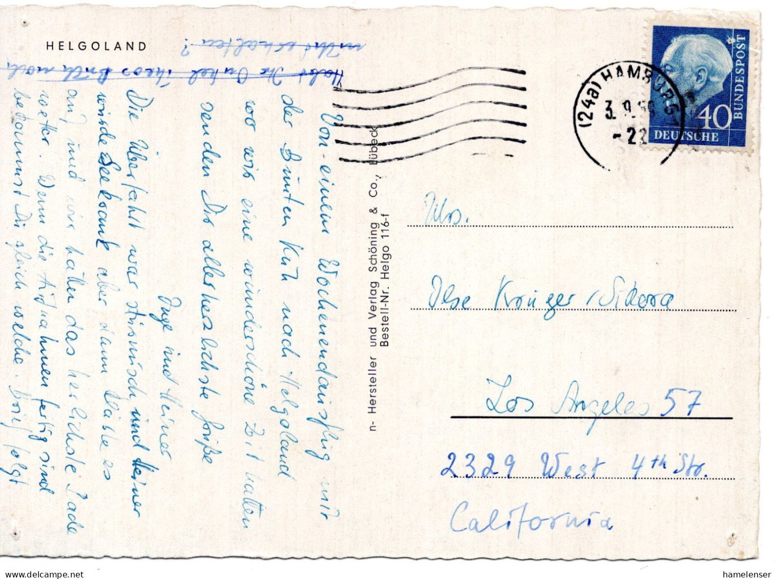 68582 - Bund - 1959 - 40Pfg Heuss II (kl Mgl) EF A AnsKte HAMBURG -> Los Angeles, CA (USA) - Lettres & Documents