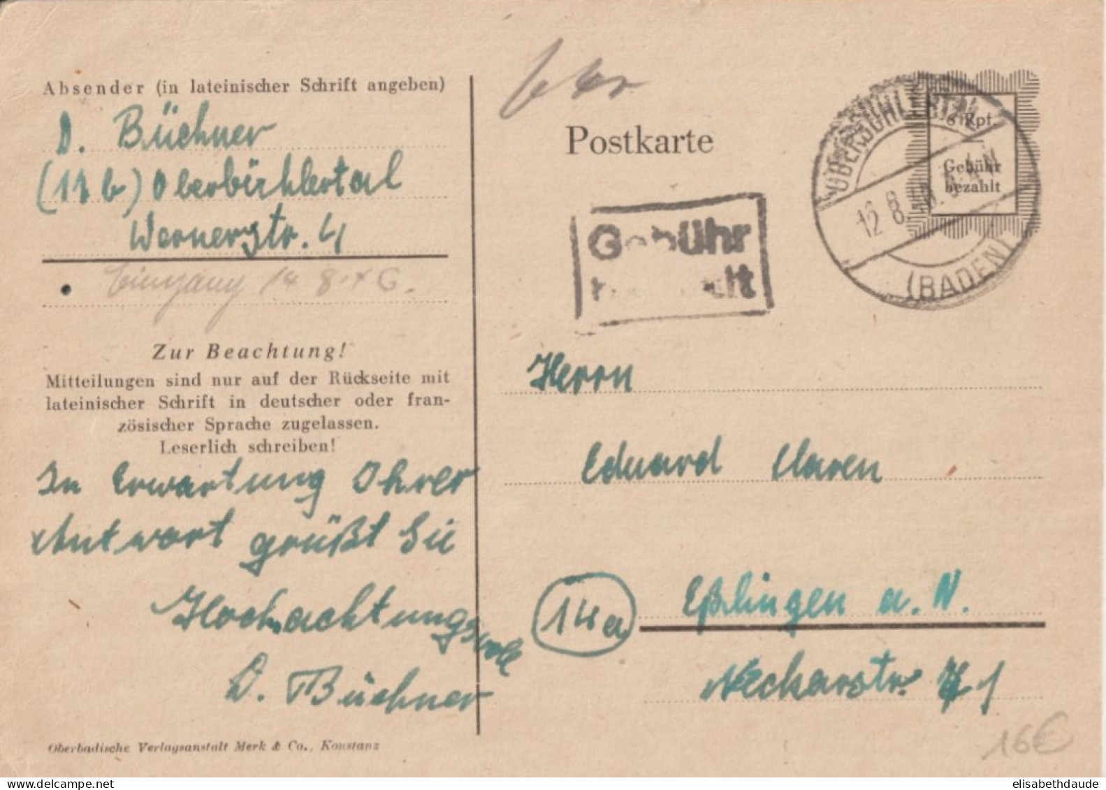 1946 - ZOF / BADEN - CARTE ENTIER Avec GEBÜHR BEZAHLT De OBERBÜHLERTAL => ESSLINGEN - Emisiones Generales