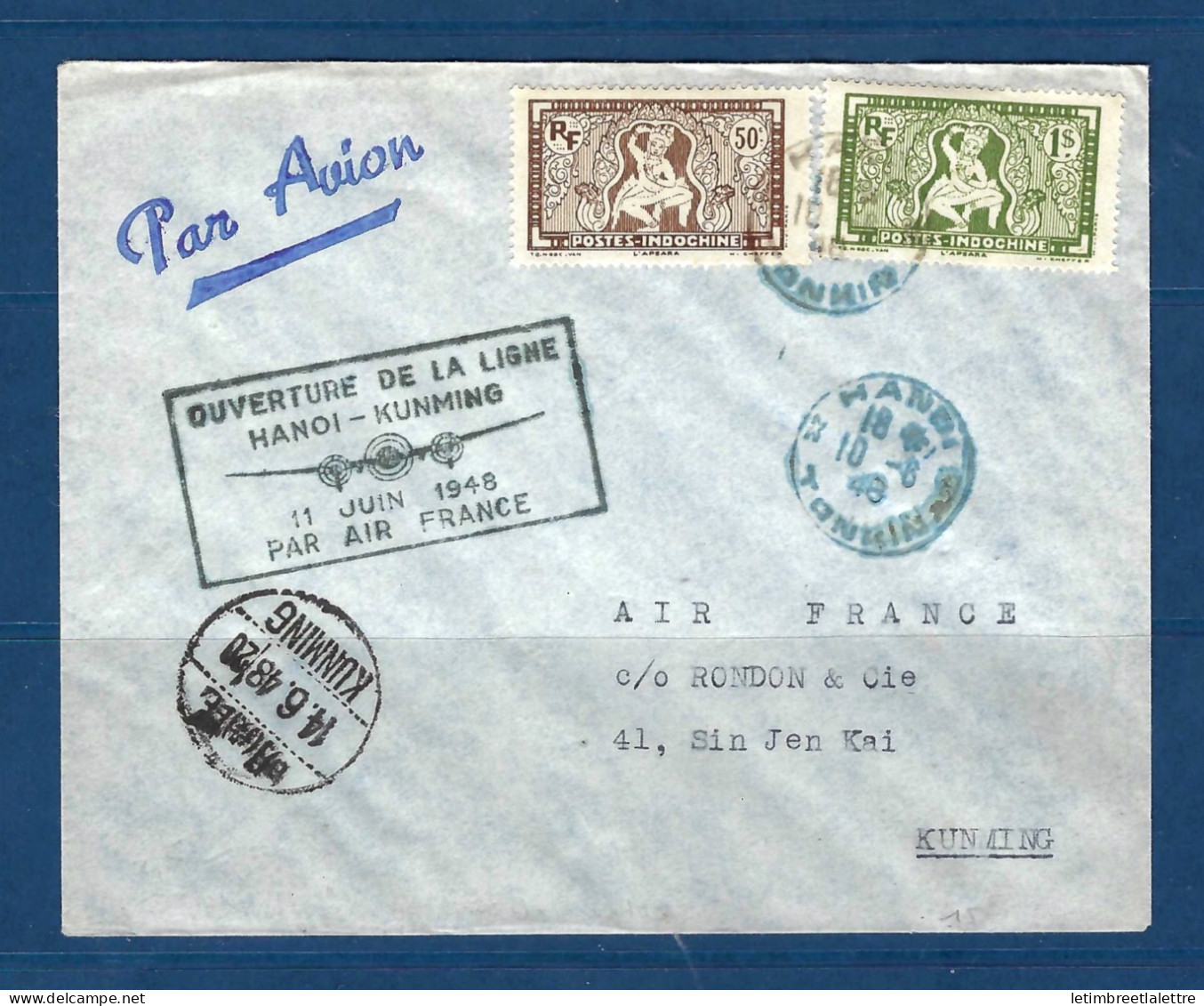 Indochine - Ouverture De La Ligne Hanoi Kunming Via Air France - 1948 - Poste Aérienne