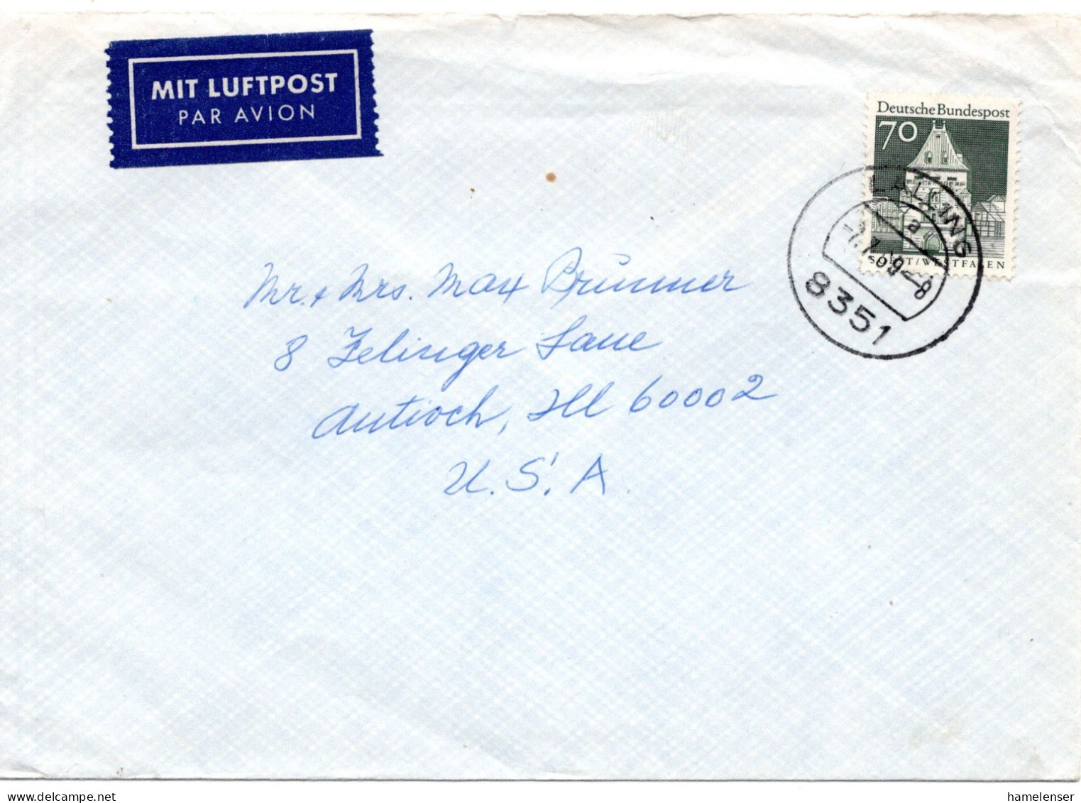 68588 - Bund - 1969 - 70Pfg Gr Bauten EF A LpBf LALLING -> Antioch, IL (USA) - Storia Postale