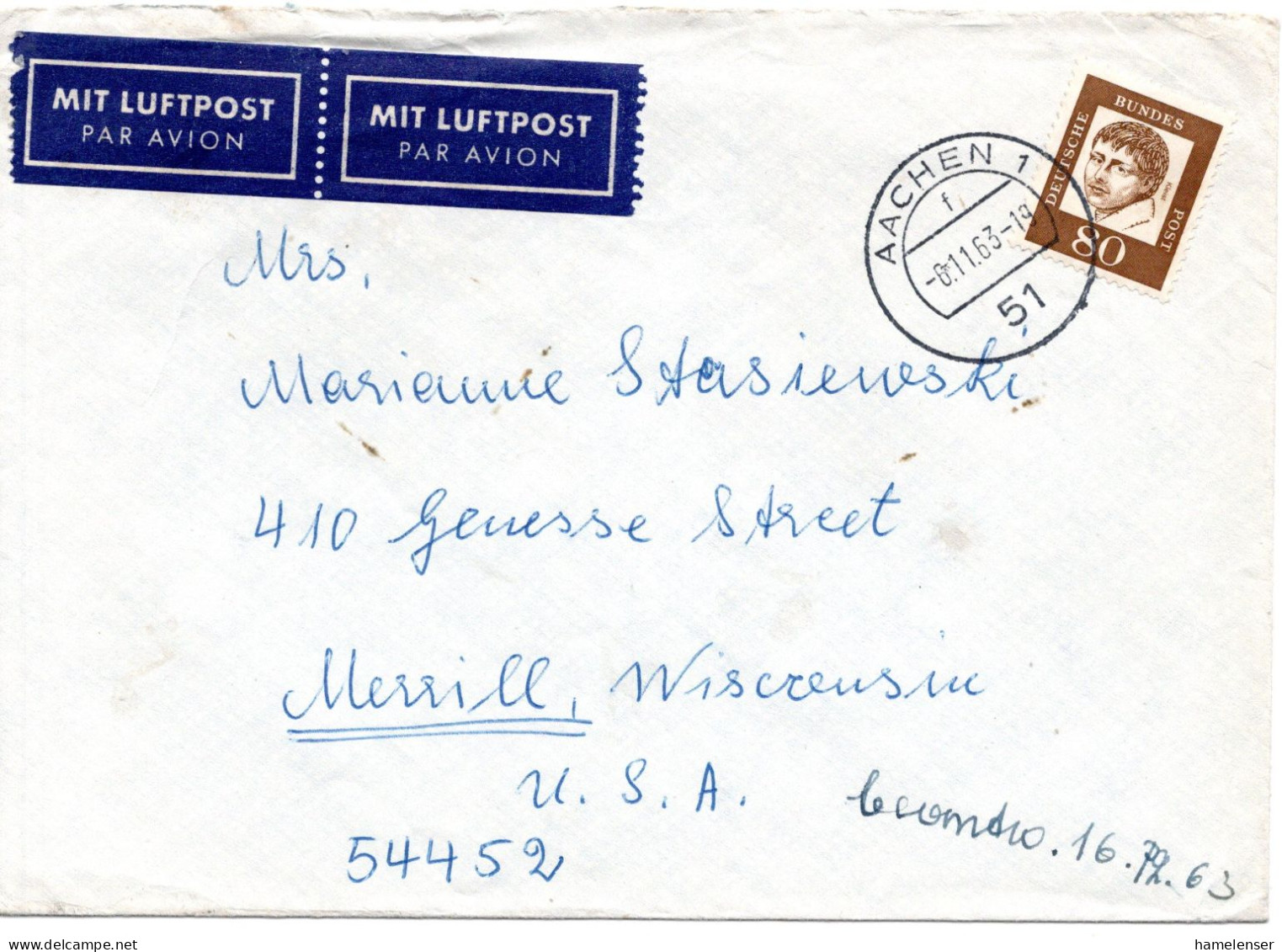 68589 - Bund - 1963 - 80Pfg Kleist EF A LpBf AACHEN -> Merrill, WI (USA) - Cartas & Documentos