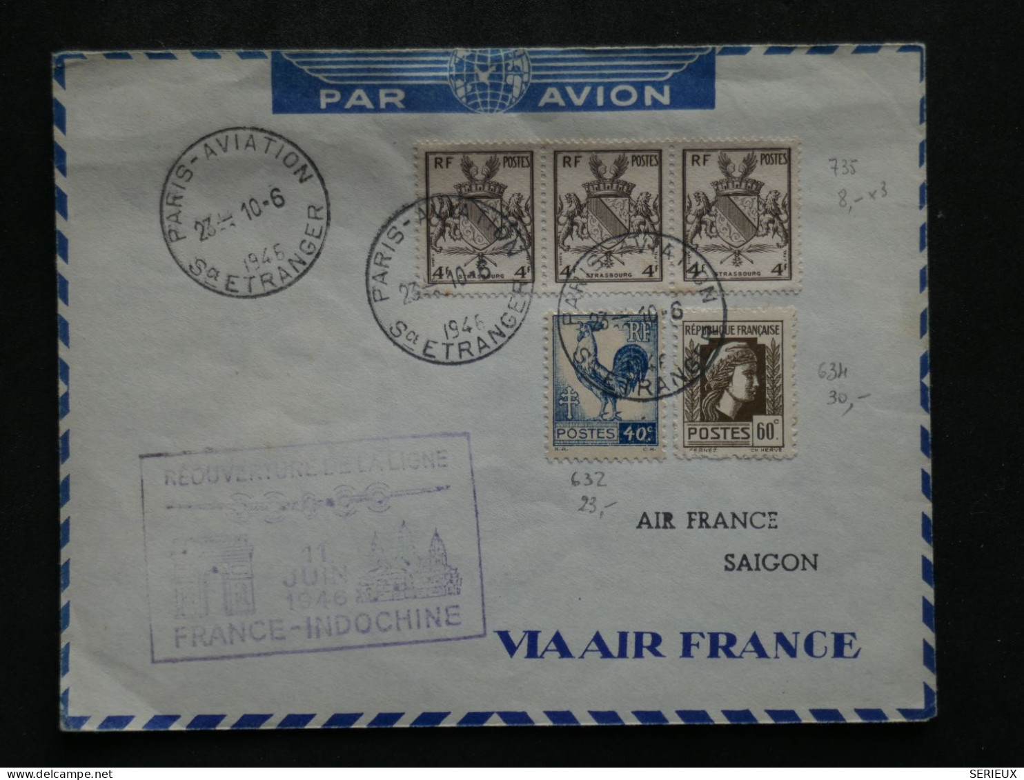 BW12 FRANCE   BELLE LETTRE   1946  1ER VOL REOUVERTURE  PARIS   A SAIGON INDOCHINE +BANDE DE 3 X4F +AFF.PLAISANT++    + - 1927-1959 Covers & Documents
