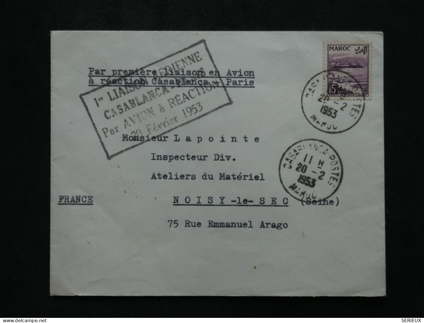 BW14 MAROC    BELLE LETTRE   1953   1ER VOL  A REACTION CASA. A  PARIS  . A NOISY  FRANCE +AFF.PLAISANT++    + - Luftpost