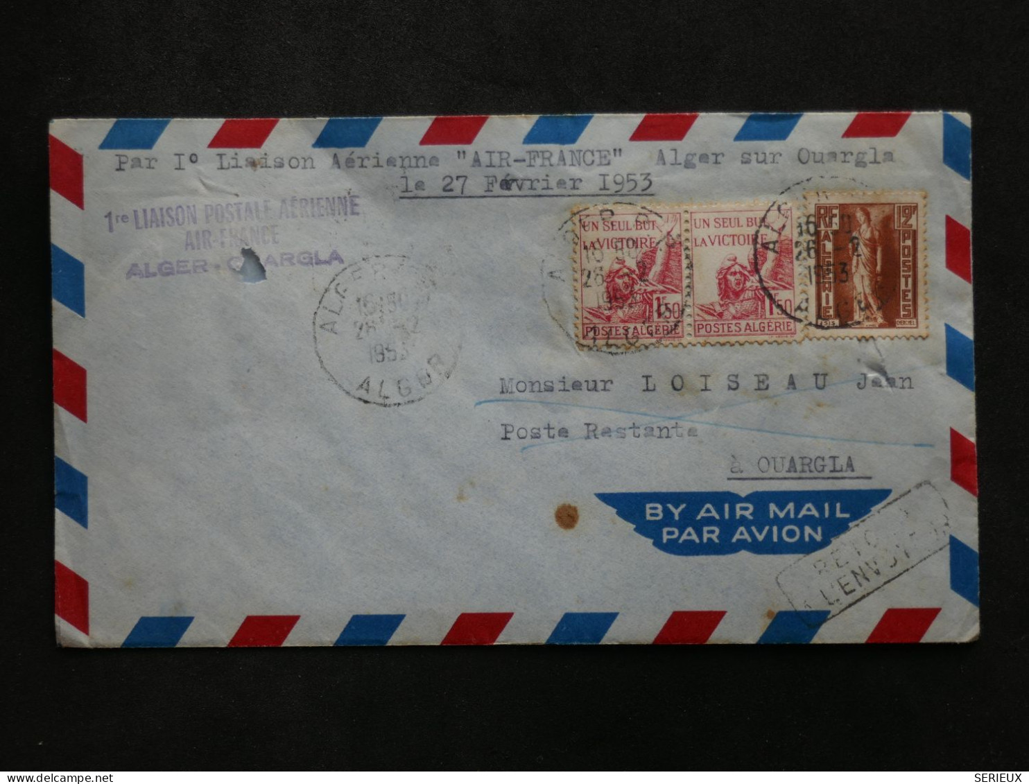 BW14 ALGERIE  BELLE LETTRE 1953 1ER VOL AIR FRANCE ALGER   A OUARGLIA ++AFF.PLAISANT++ - Luchtpost