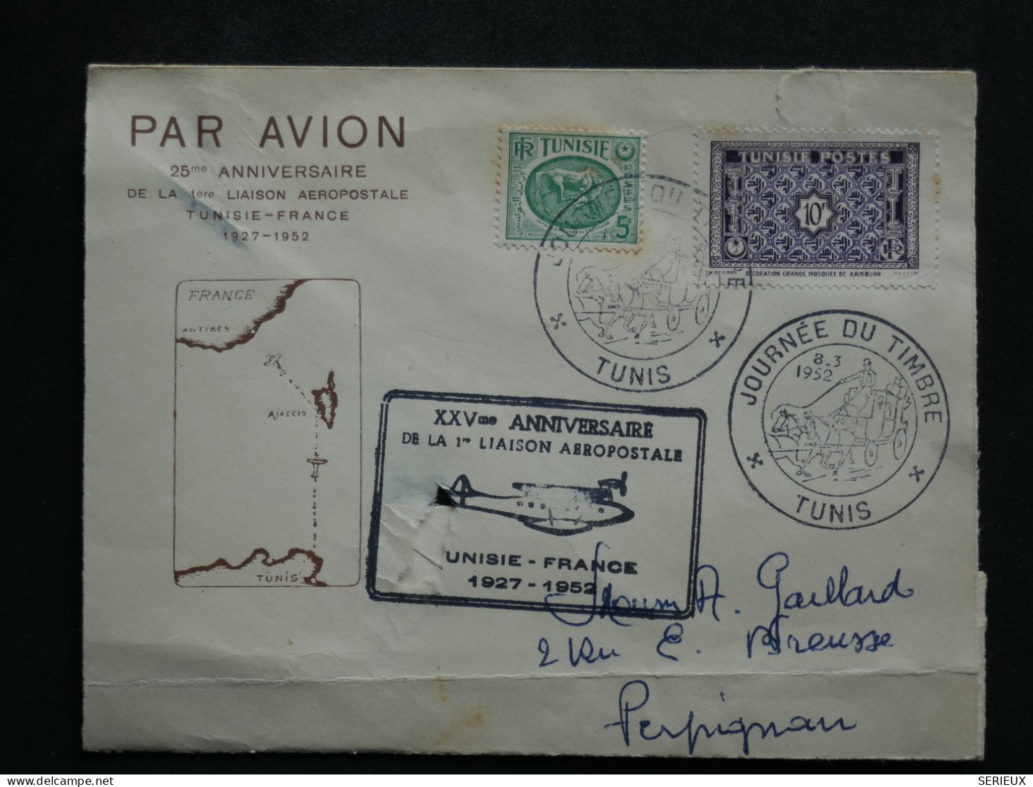 BW14  TUNISIE   BELLE LETTRE 1952 ANNIVERSAIRE 1ER VOL  TUNIS AFRANCE A PERPIGNAN + ++AFF.PLAISANT++ - Poste Aérienne