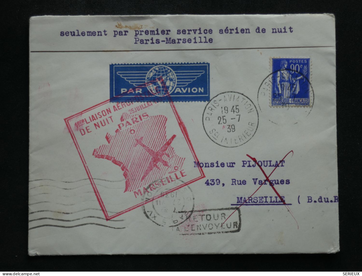 BW14  FRANCE   BELLE LETTRE 1939  1ER VOL PARIS MARSEILLE  + GRIFFE VOIE INCONNUE ++AFF.PLAISANT++ - 1927-1959 Cartas & Documentos