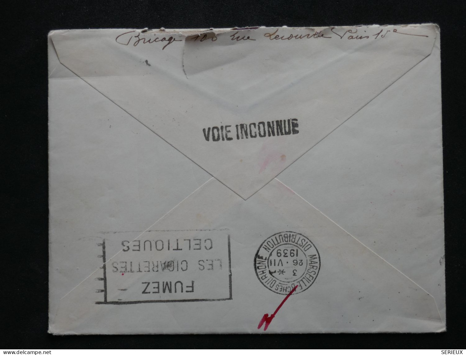 BW14  FRANCE   BELLE LETTRE 1939  1ER VOL PARIS MARSEILLE  + GRIFFE VOIE INCONNUE ++AFF.PLAISANT++ - 1927-1959 Covers & Documents