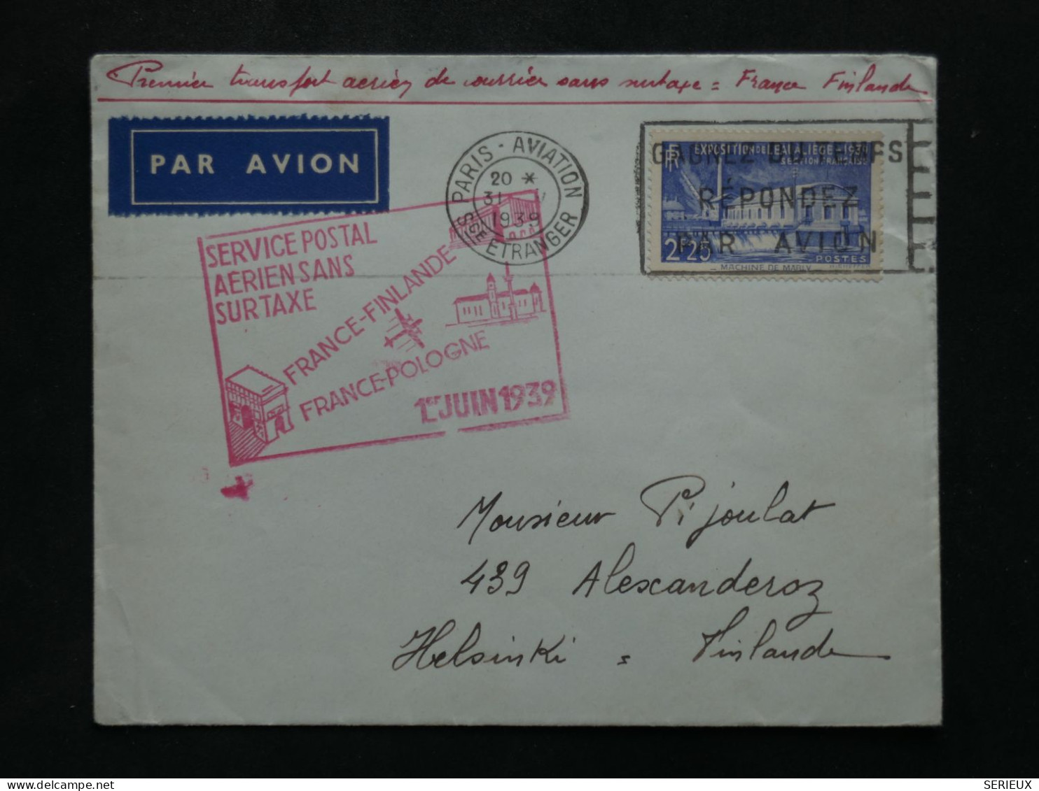 BW14  FRANCE   BELLE LETTRE 1939  1ER VOL PARIS FINLANDE A HELSINSKI  +  N°430+  ++AFF.PLAISANT++ - 1927-1959 Storia Postale
