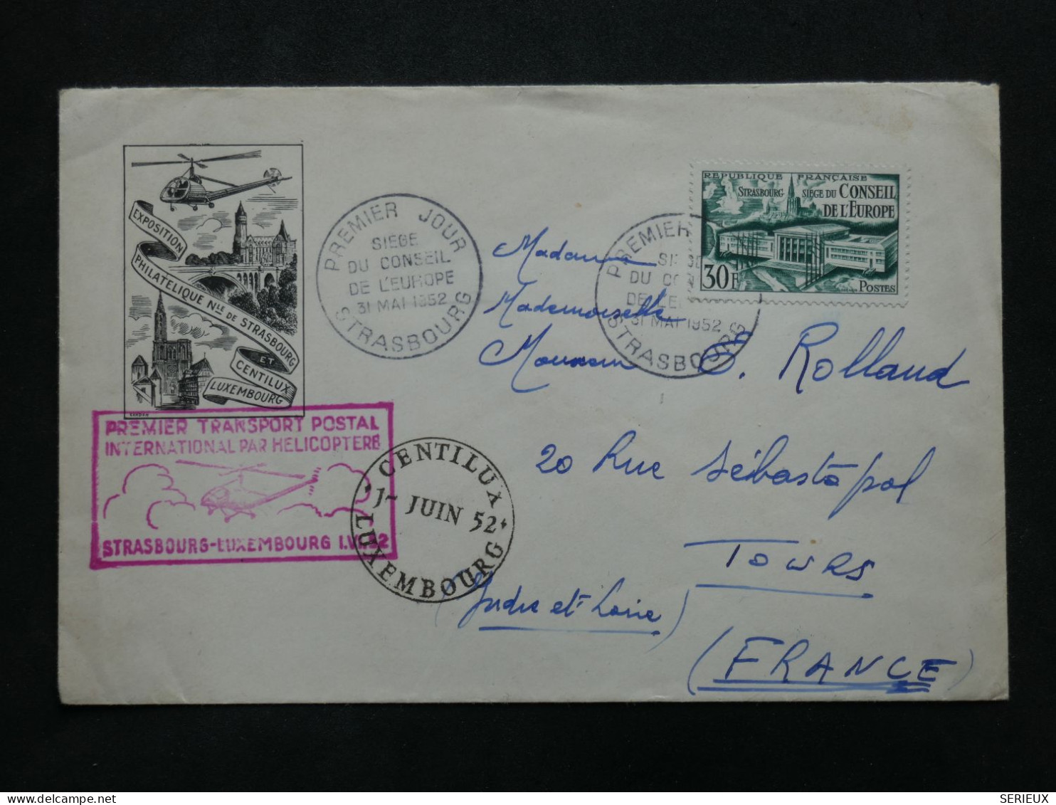 BW14  FRANCE   BELLE LETTRE FDC 1953 1ER VOL HELICO STRASBOURG LUXEMBOURG +TOURS + +  N°923+  ++AFF.PLAISANT++ - 1927-1959 Cartas & Documentos