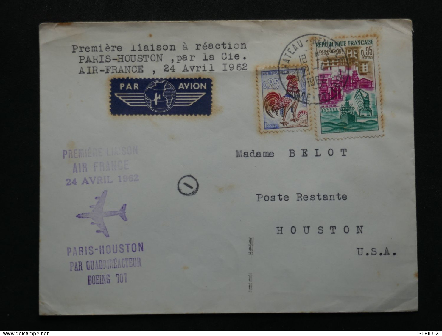 BW14  FRANCE   BELLE LETTRE  1962 1ER VOL A REACTION AIR FRANCE PARIS HOUSTON USA +BOEING++  ++AFF.PLAISANT++ - 1960-.... Storia Postale