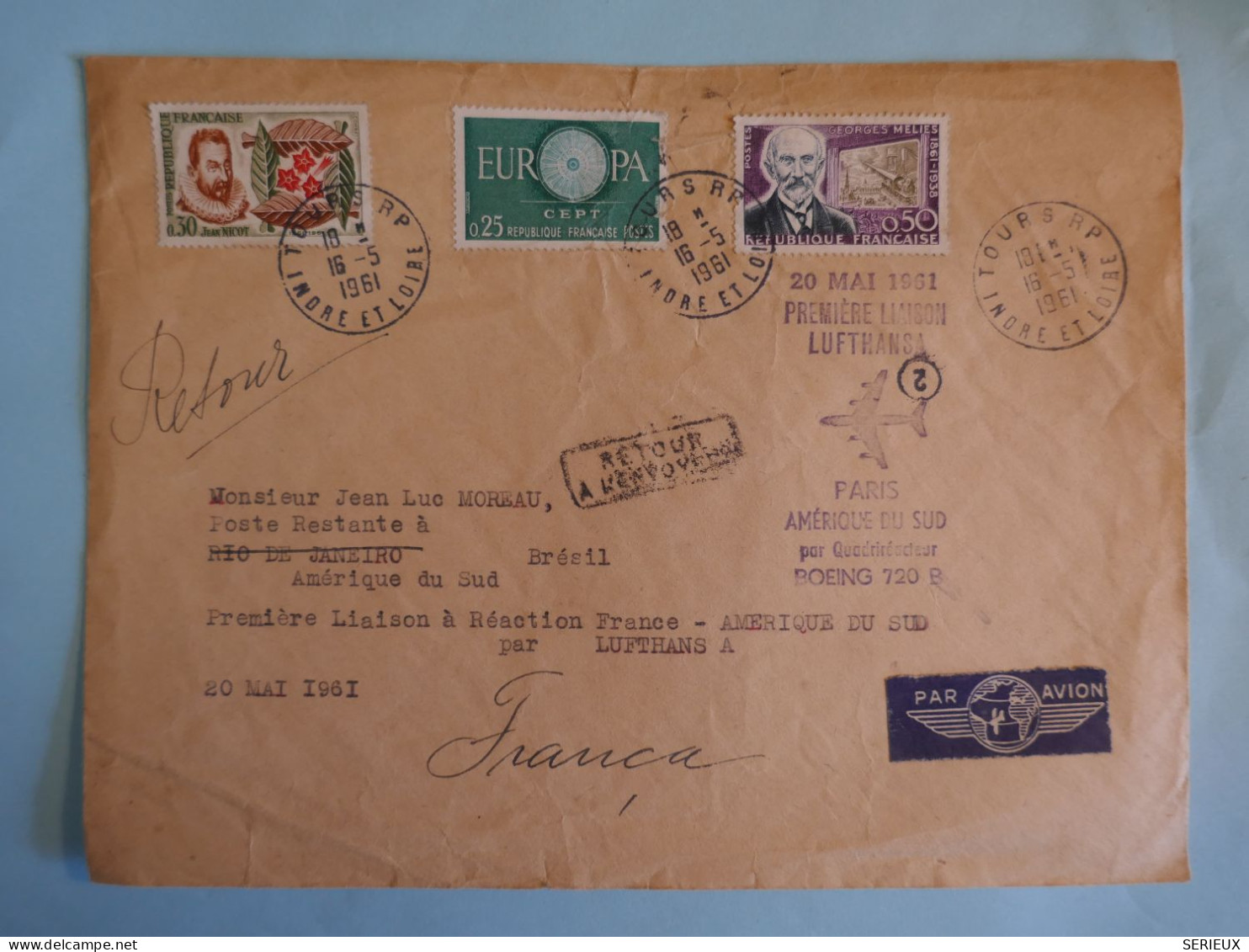 BW14  FRANCE   BELLE LETTRE  1961 1ER VOL LUFTHANSA  TOURS A RIO  BRAZIL RETOUR ++AFF.PLAISANT++ - 1960-.... Briefe & Dokumente