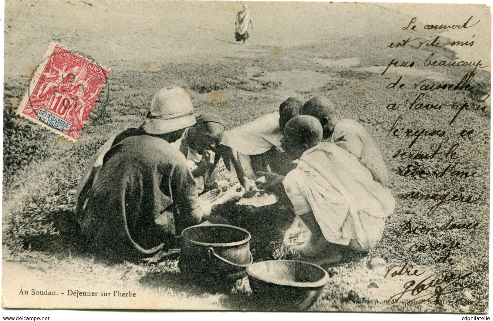 HAUT-SENEGAL ET NIGER CARTE POSTALE -SOUDAN -DEJEUNER SUR L'HERBE DEPART DIEBOUGOU 19 FEVR 07 POUR LA FRANCE - Cartas & Documentos