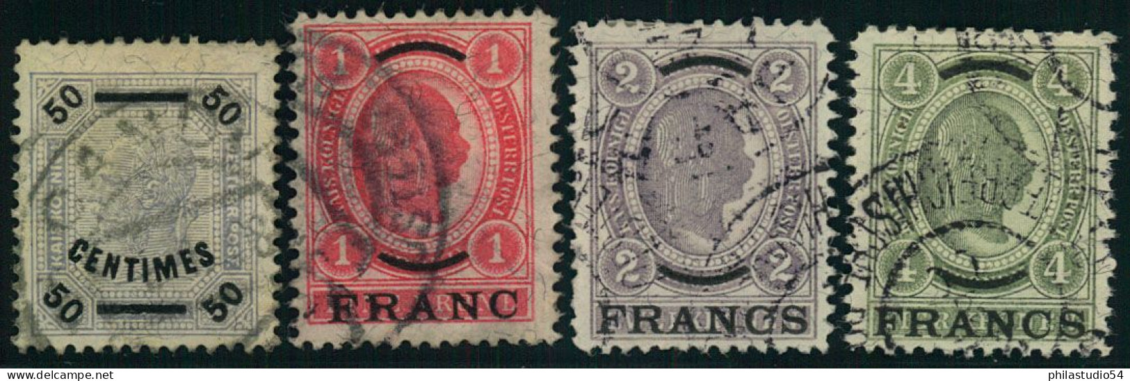 1904, ÖSTERREICHISCHE POST AUF KRETA:  Die Vier Höchstwerte 50 Cent Bis 4 Francs Gestempelt. (ME 1.200,-) - Creta