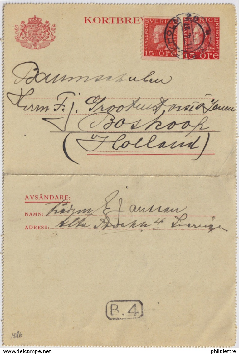 SWEDEN - 1927 Letter-Card Mi.K27.IWa Uprated Facit F176A From STOCKHOLM To BOSKOOP, The Netherlands - Briefe U. Dokumente