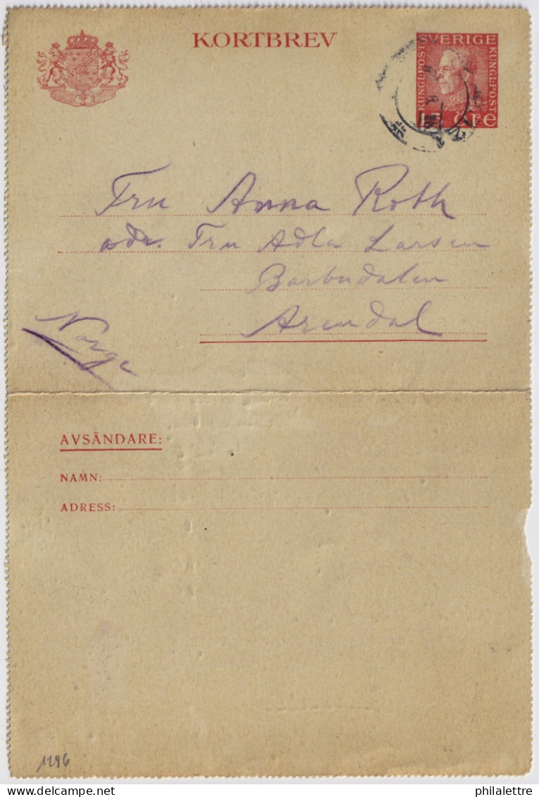 SWEDEN - 1926 Letter-Card Mi.K27.IWa From KARLSKRONA To ARENDAL, Norway - Railway Date Stamp (121 Alvesta-Karlskrona) - Storia Postale