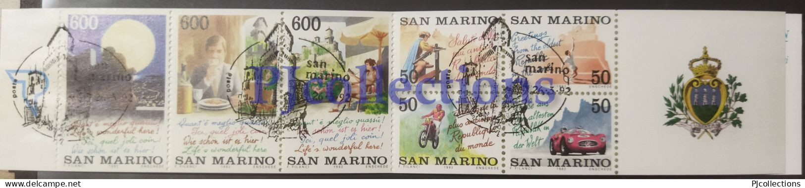 4586-SAN MARINO 1992 ATTRATTIVE TURISTICHE DI SAN MARINO FULL BOOKLET 7 STAMPS C/ANNULLO 1° GIORNO - USED - Usati