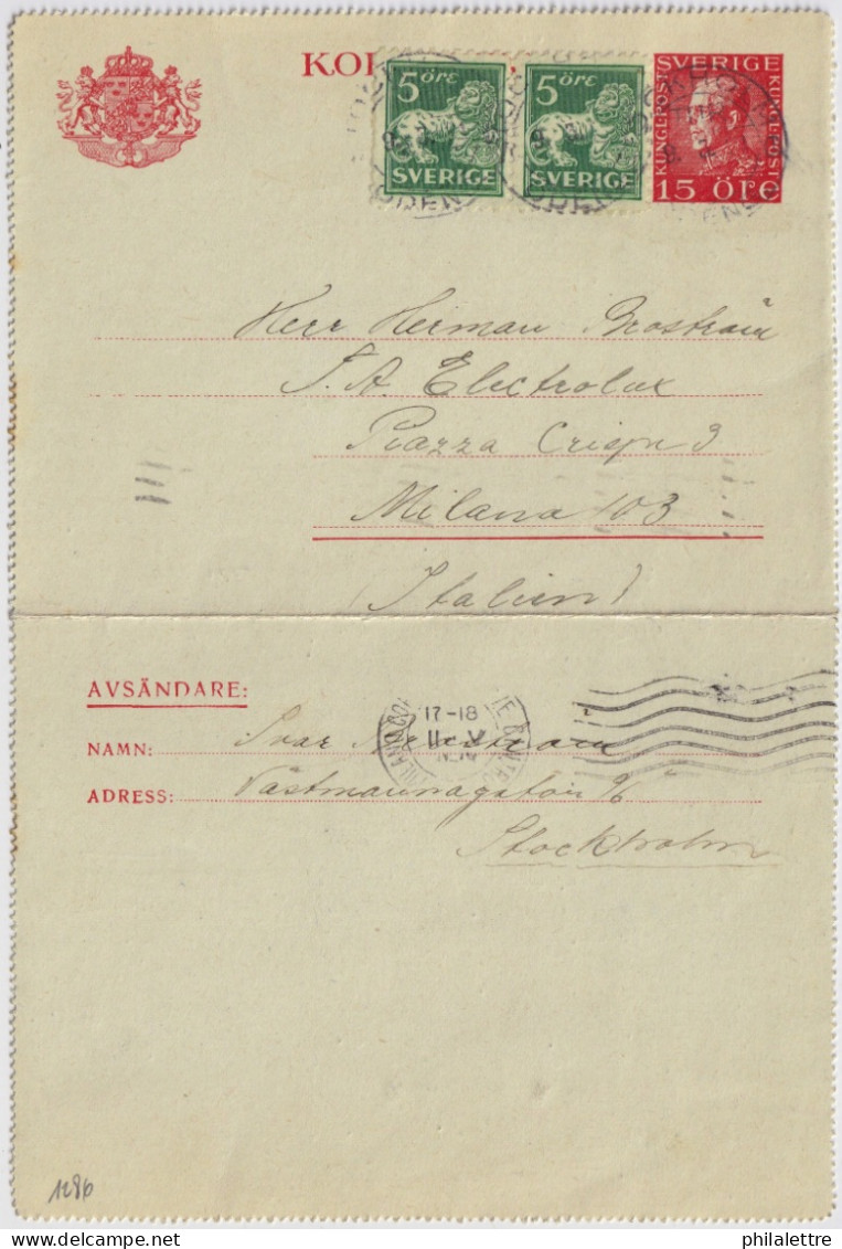 SWEDEN - 1931 Letter-Card Mi.K27.IWb Uprated 2xFacit F143Ca From STOCKHOLM To MILAN, Italy - Brieven En Documenten