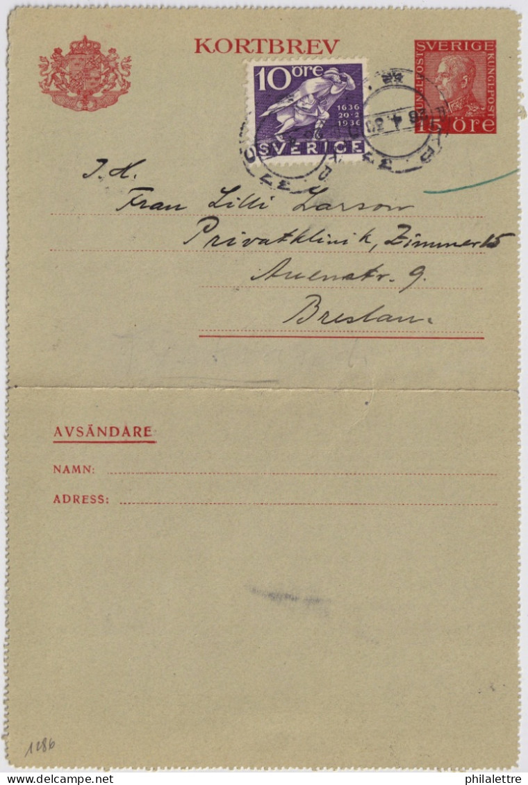 SWEDEN - 1936 Railway Datestamp "PKP.37C" (LUDVIKA-SOCKHOLM) On Letter-Card Mi.K27.IIVc Uprated Facit F247C To BRESLAU - Lettres & Documents