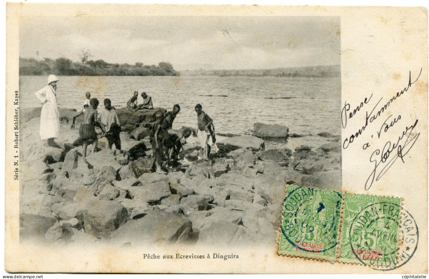 SOUDAN CARTE POSTALE -PECHE AUX ECREVISSES A DINGUIRA DEPART SOUDAN FRANCAIS 4 AVRIL 06 BOUGOUNI  TAXEE A L'ARRIVEE EN.. - Cartas & Documentos