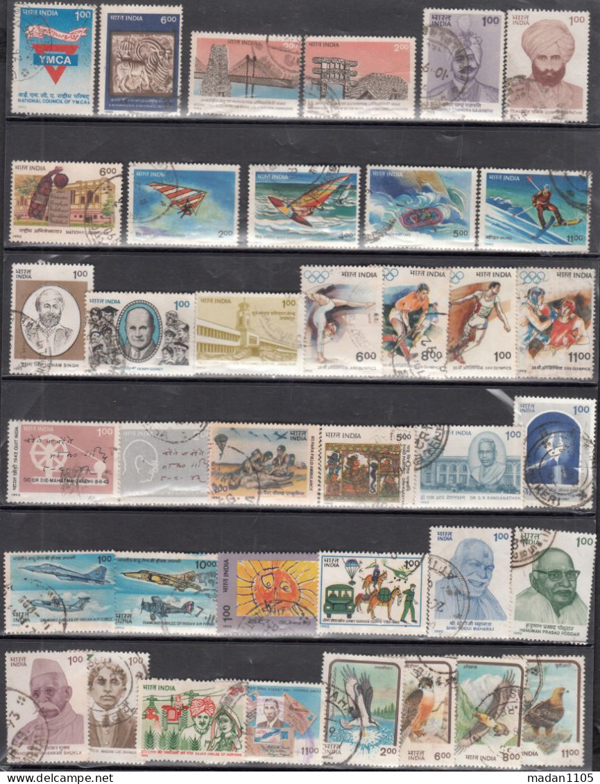 INDIA 1992 USED YEAR  COMPLETE LOT, 38 STAMPS, Good Condition USED STAMPS, (o)  Complete Year 1992 Stamps Including All - Usados