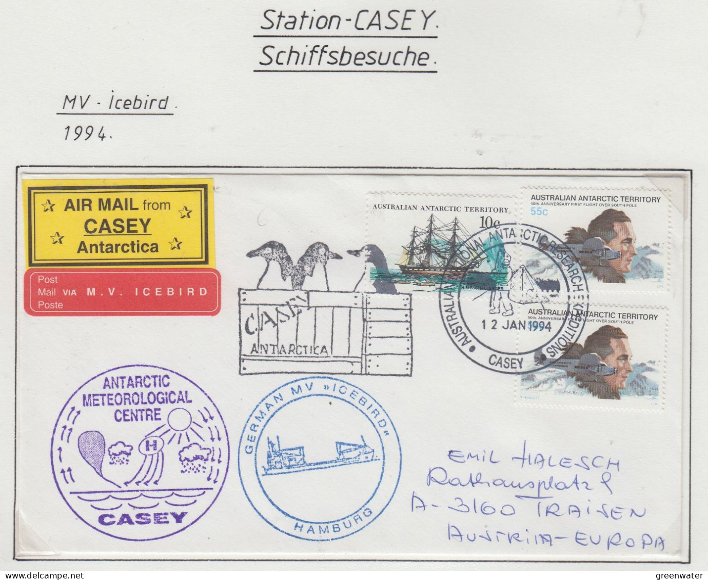 AAT  Ship Visit MV Icebird  Antarctic Meteorological Centre  Ca Casey 12 JAN 1994  (CS159B) - Lettres & Documents