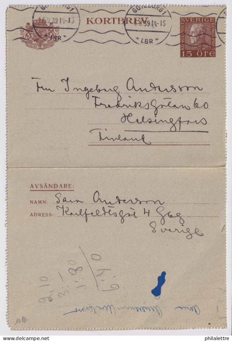 SWEDEN - 1939 Letter-Card Mi.K28.IIVb From GÖTEBORG To HELSINKI, Finland - Brieven En Documenten