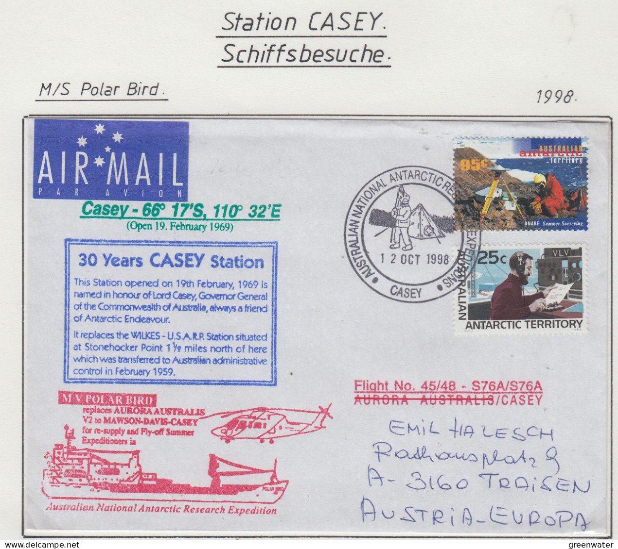 AAT  Ship Visit MS Polar Bird  30y Casey Station Ca Casey 12 OCT 1998  (CS160B) - Covers & Documents