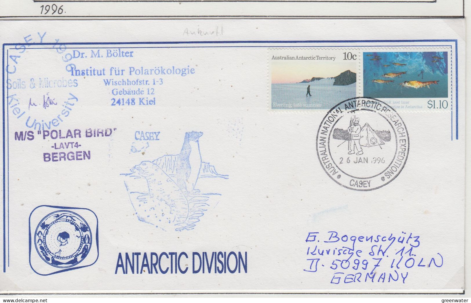 AAT  Ship Visit MS Polar Bird Kiel University Ca Casey 26 JAN 1996 (CS160C) - Lettres & Documents