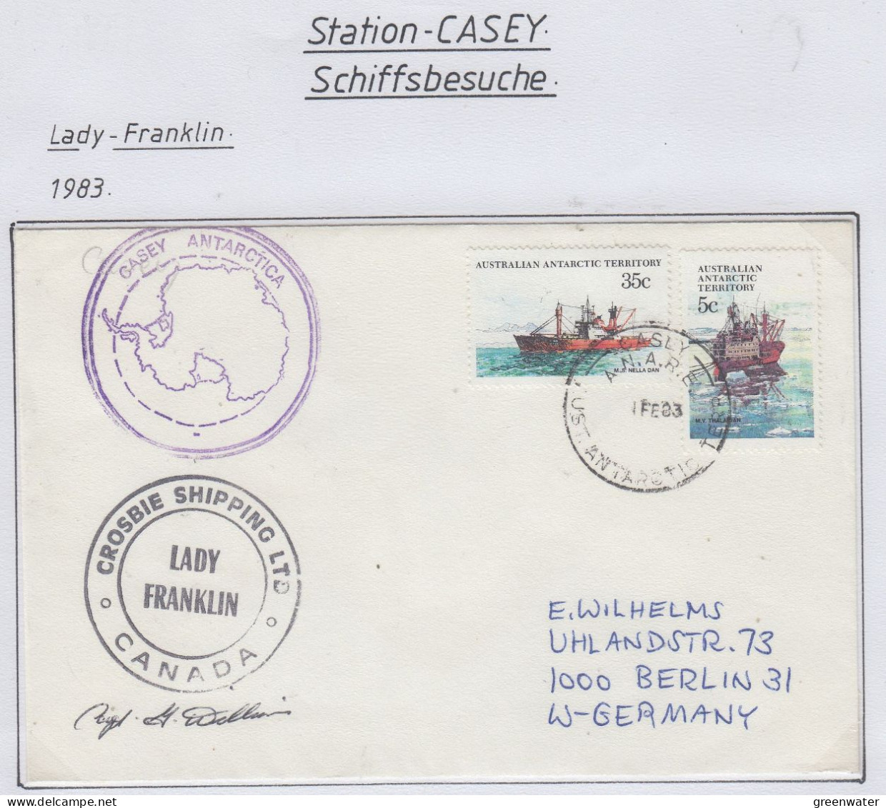 AAT  Ship Visit Lady Franklin Signature Ca Casey 1 FE 1983 (CS161) - Covers & Documents