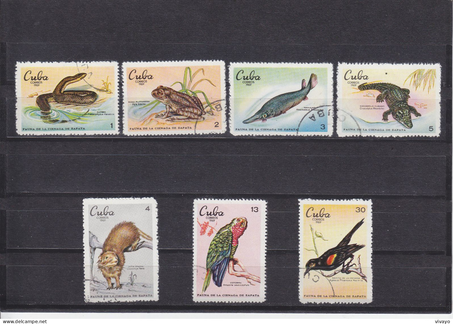CUBA - O / FINE CANCELLED - 1969 - FAUNA CIENAGA ZAPATA, SNAKES, FROGS, BIRDS... Yv. 1361/7    Mi. 1551/7 - Usados
