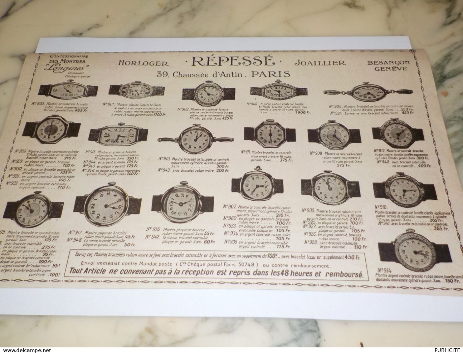 ANCIENNE  PUBLICITE HORLOGER JOAILLERIE REPESSE PARIS 1923 - Sonstige & Ohne Zuordnung