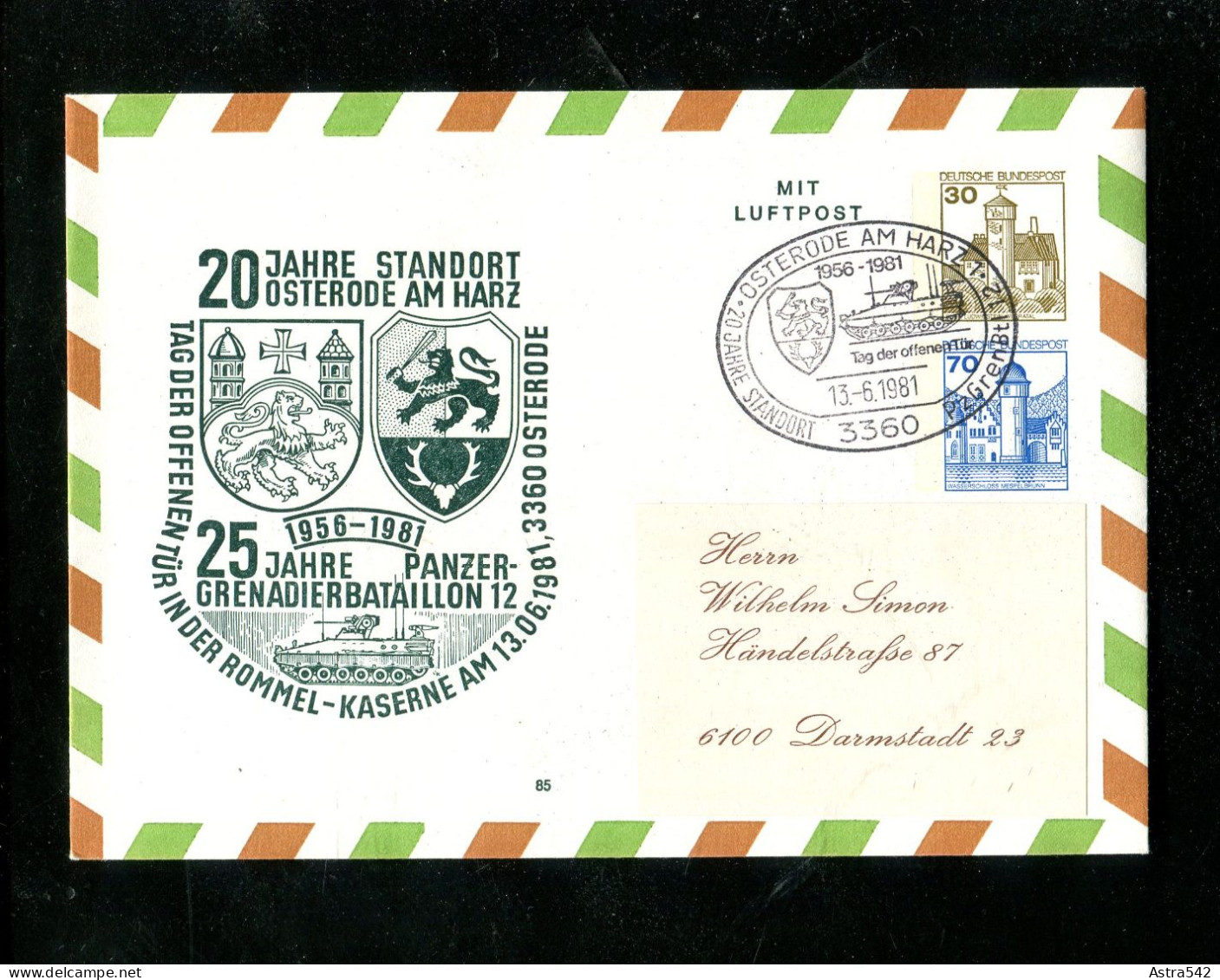 "BUNDESREPUBLIK DEUTSCHLAND" 1980, Privatganzsachenumschlag "Panzer-Grenadirbataillon" SSt. "Osterode" (18426) - Enveloppes Privées - Oblitérées