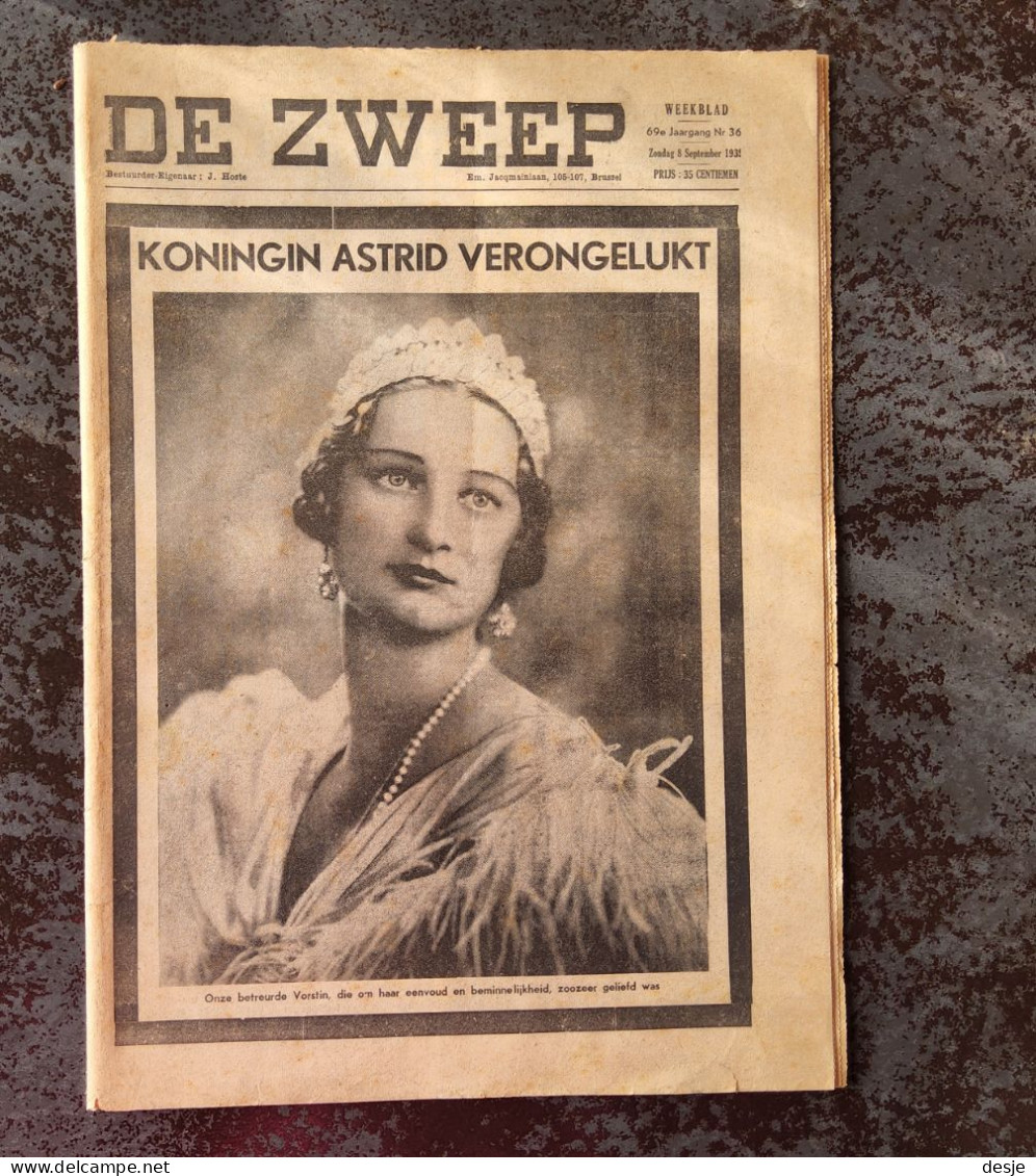 Koningin  Astrid Verongelukt Uit Weekblad De Zweep Van 8 September 1935, 24 Pp. - Antique