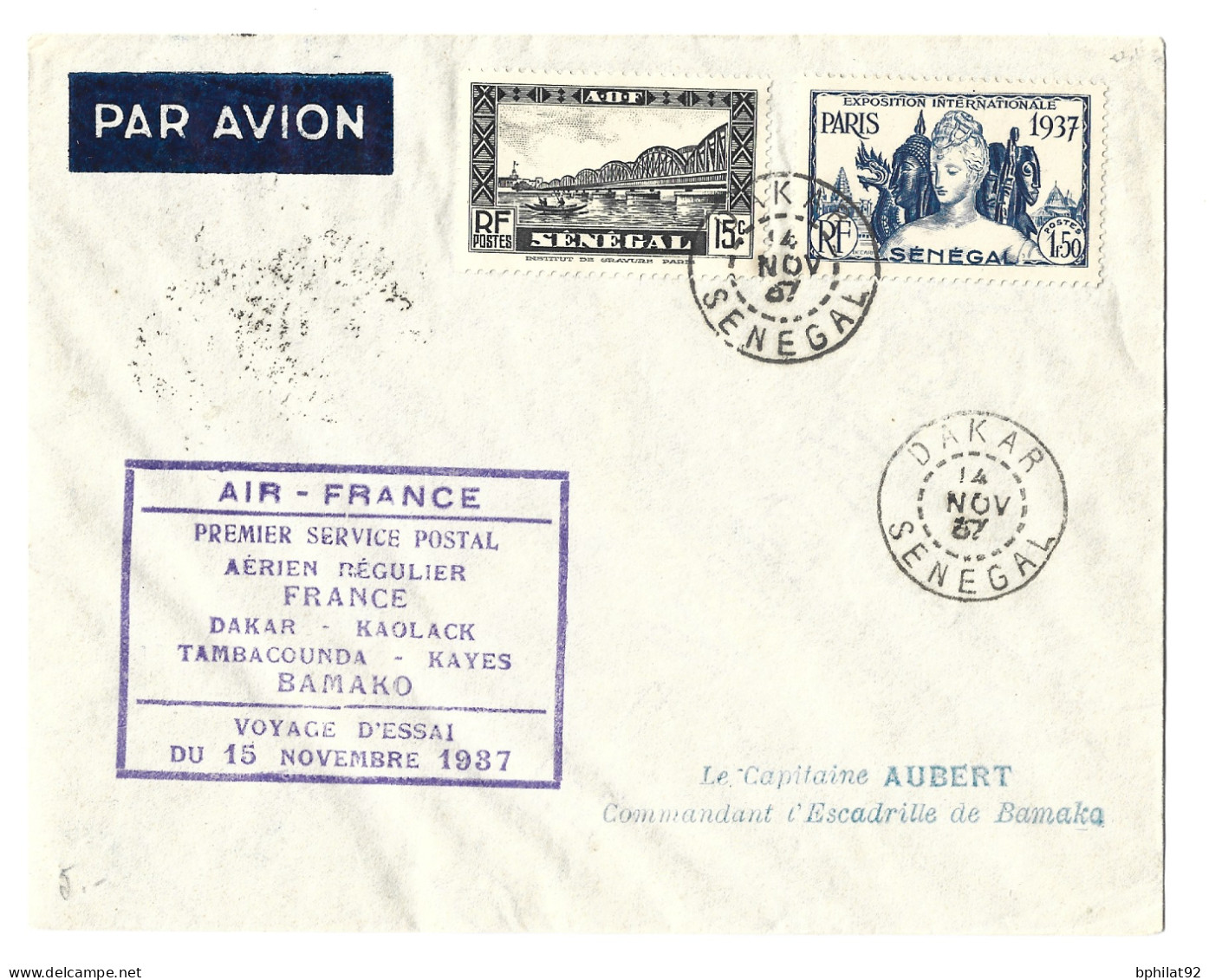 !!! AOF, SÉNÉGAL, PREMIER SERVICE POSTAL AÉRIEN RÉGULIER DAKAR-BAMAKO, VOYAGE D'ESSAI DU 15 NOVEMBRE 1937 - Posta Aerea