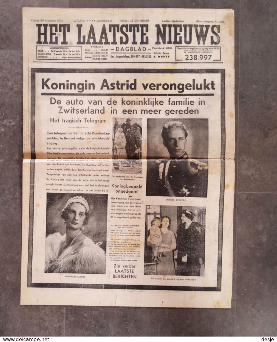 Koningin  Astrid Verongelukt Uit Het Dagblad Het Laatste Nieuws Van 30 Augustus 1935, 4 Pp. - Antiquariat