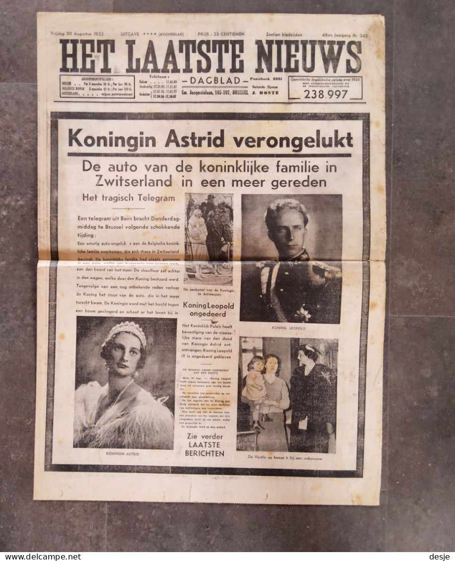 Koningin  Astrid Verongelukt Uit Het Dagblad Het Laatste Nieuws Van 30 Augustus 1935, 4 Pp. - Oud
