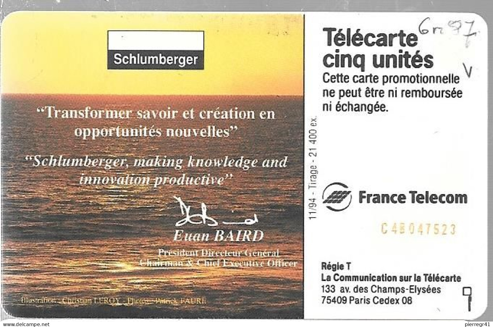 CARTE-PRIVEE-5U-Gn87-11/94-SC7-SCHLUMBERGER-Série DN° Etroit Rge C4B047523-Utilisé-TBE - 5 Unités