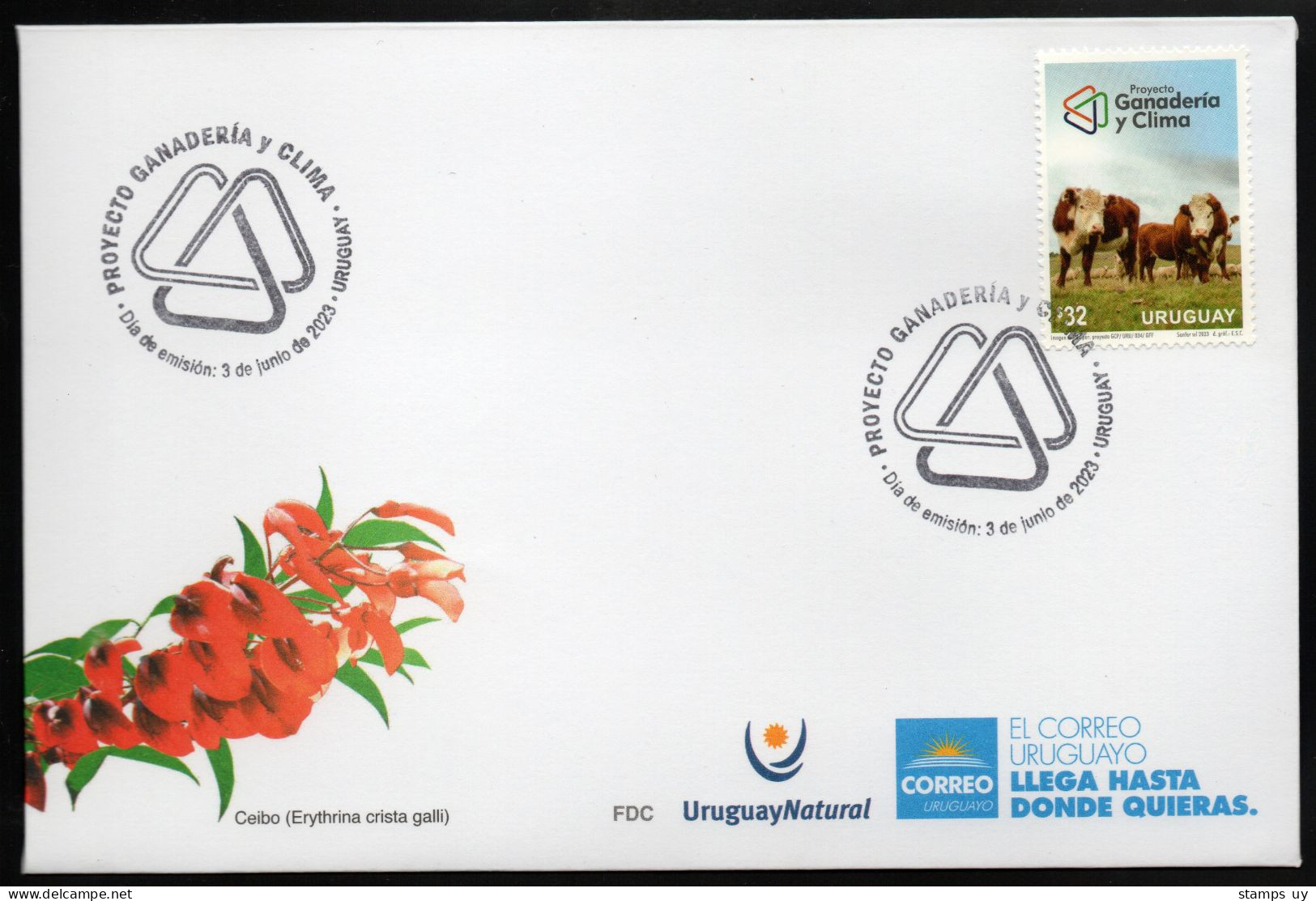 URUGUAY 2023 (Cattle Raising, Livestock, Food, Climate, Weather, Ecology, Animals, Cows, Hereford, Sheeps) - 1 FDC - Protection De L'environnement & Climat