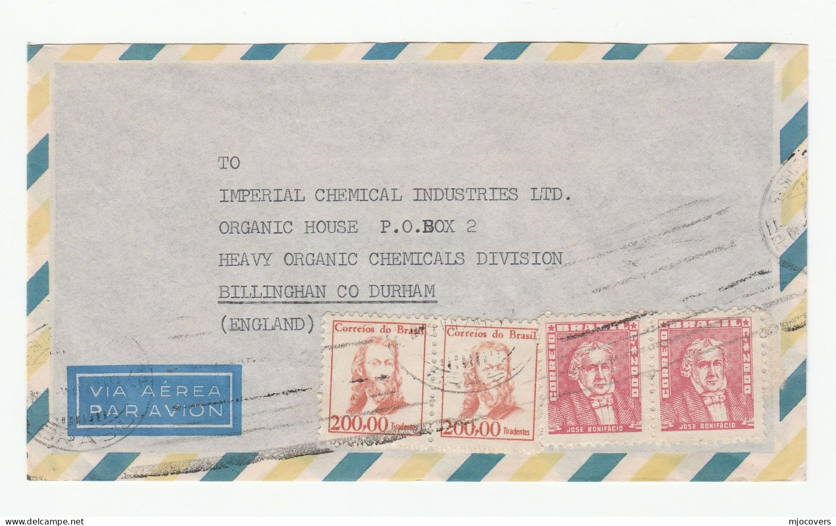 Bank Of South America To Imperial CHEMICAL  Industries Cover BRAZIL To GB Stamps Chemistry - Brieven En Documenten