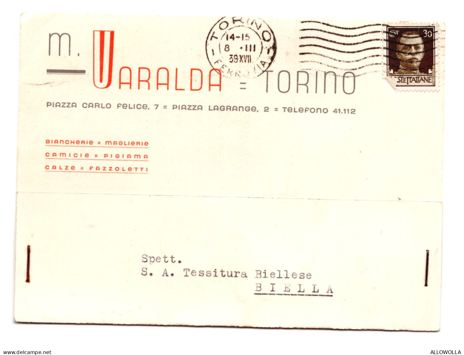 21540 " M. VARALDA-TORINO-BIANCHERIE-MAGLIERIE-CAMICIE-PIGIAMA-CALZE-FAZZOLETTI "-CART. POST. SPED.1939 - Mercaderes