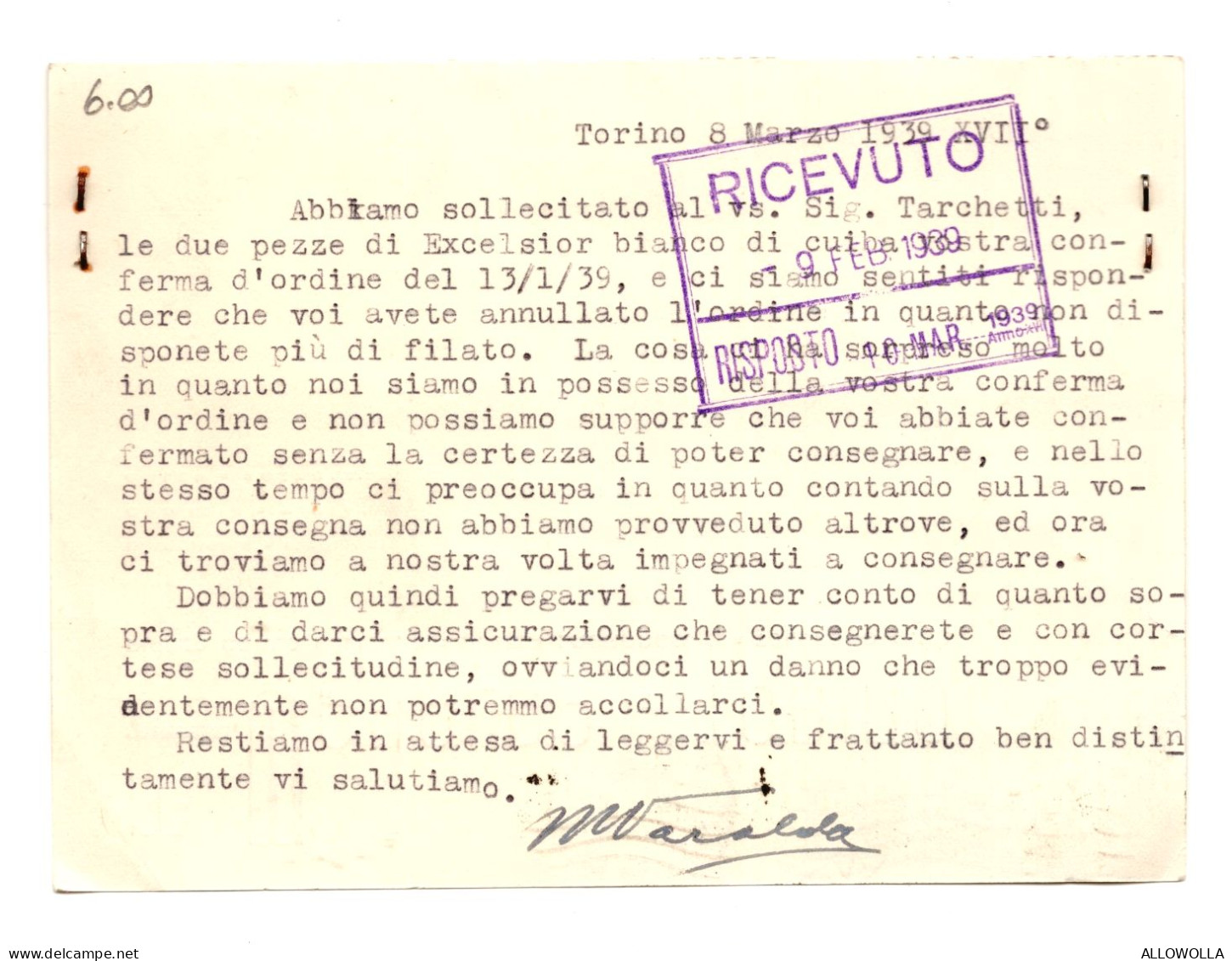 21540 " M. VARALDA-TORINO-BIANCHERIE-MAGLIERIE-CAMICIE-PIGIAMA-CALZE-FAZZOLETTI "-CART. POST. SPED.1939 - Mercaderes